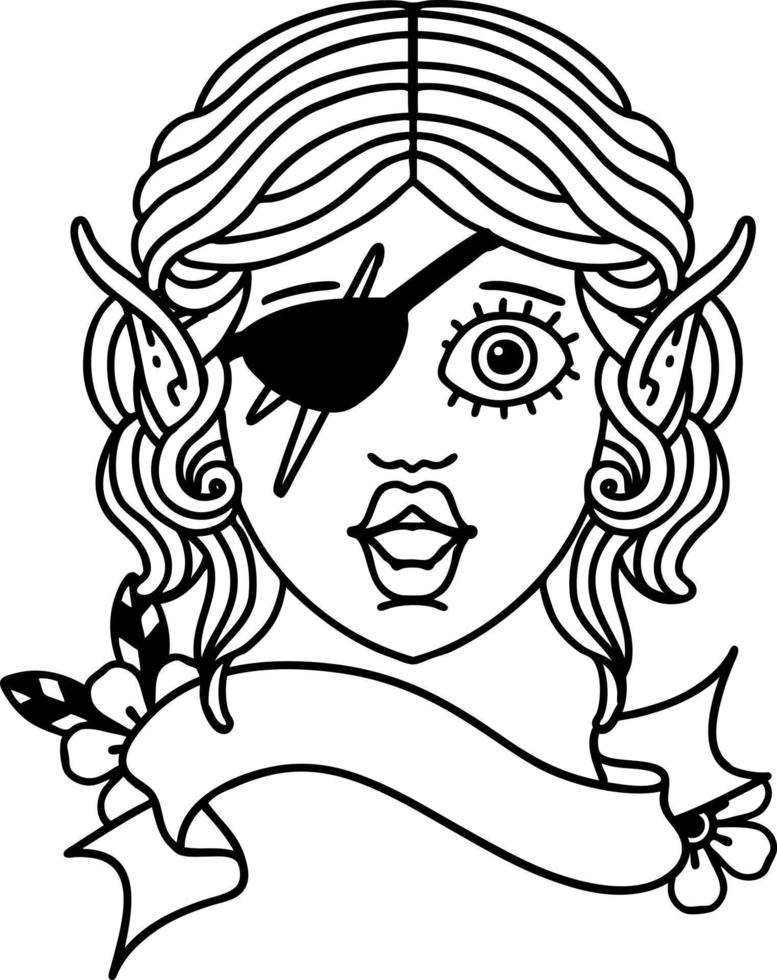 Black and White Tattoo linework Style elf rogue character face vector