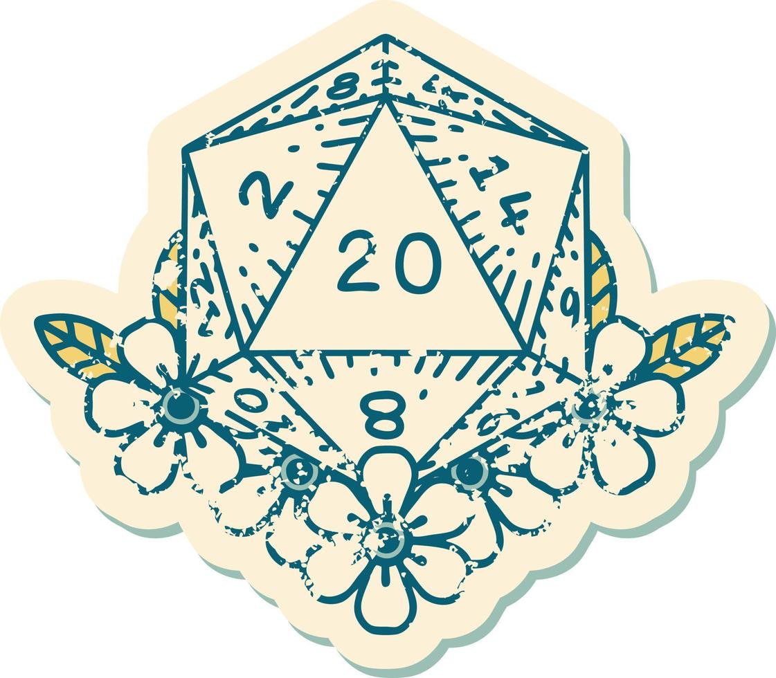Retro Tattoo Style natural 20 D20 dice roll with floral elements vector