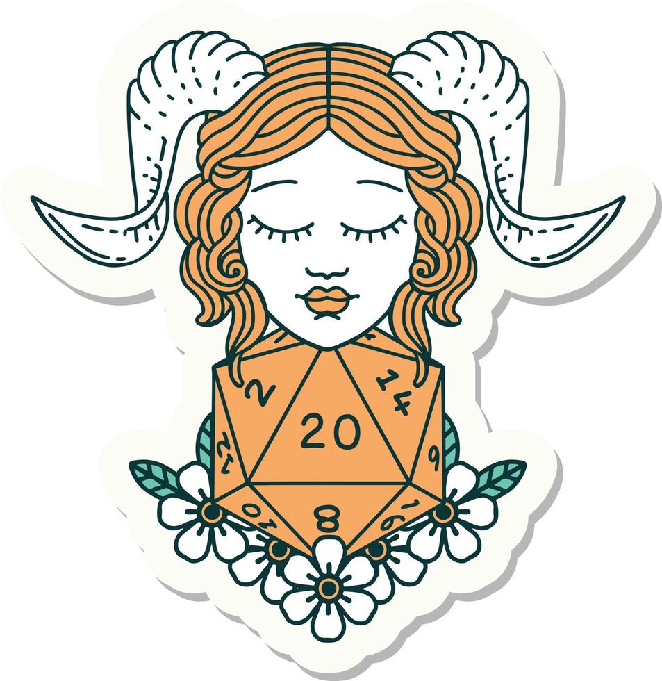 sticker of a tiefling with natural 20 D20 dice roll vector