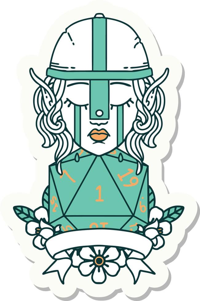 sticker of a crying elf fighter character face with natural one D20 roll vector