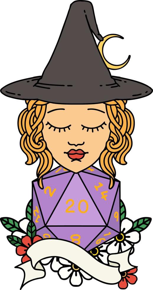 Retro Tattoo Style human mage with natural twenty dice roll vector