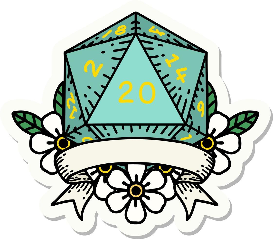 sticker of a natural 20 critical hit D20 dice roll vector