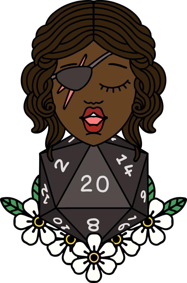 Retro Tattoo Style human rogue with natural twenty dice roll vector