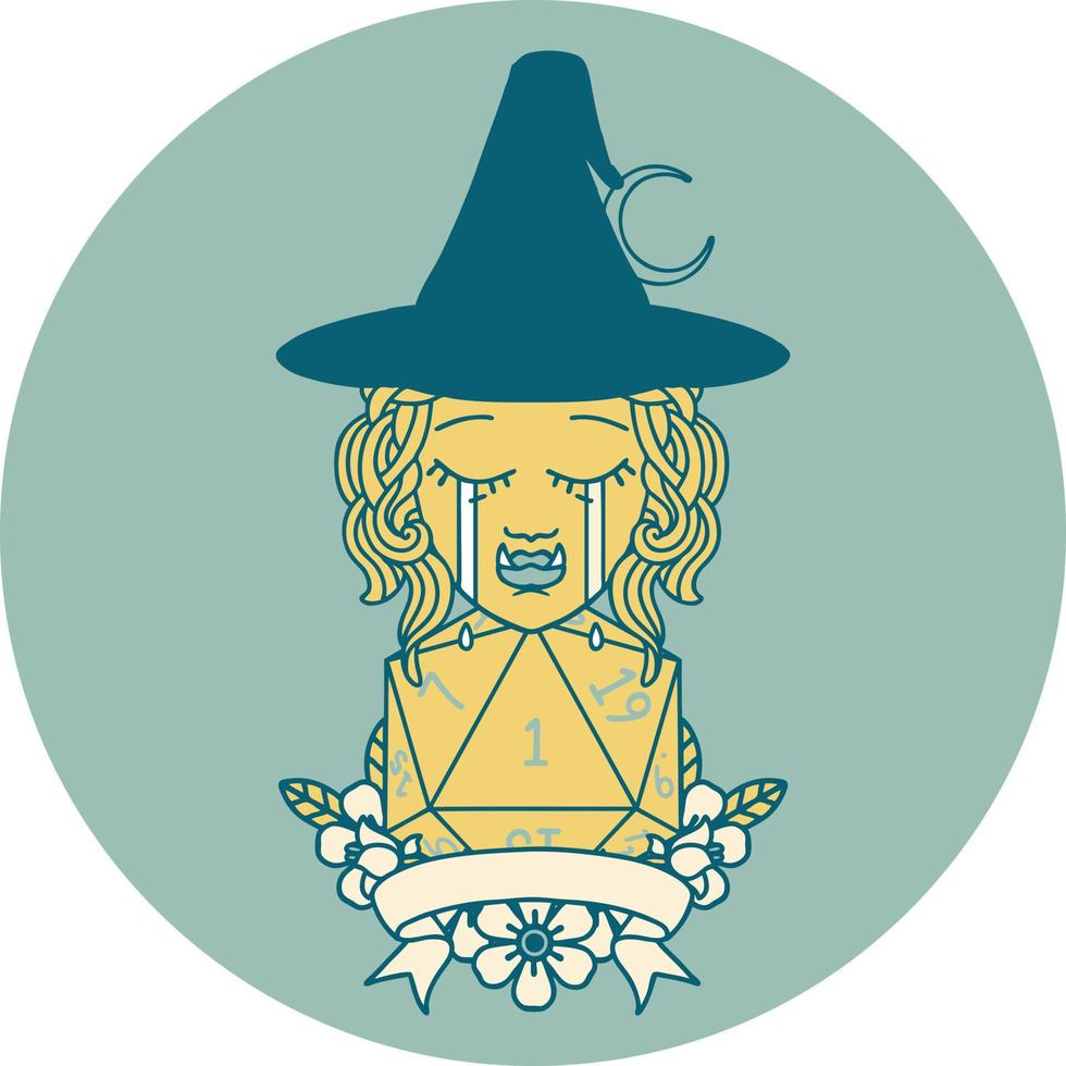 icono de personaje de bruja medio orco llorando con un rollo natural vector