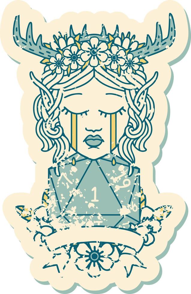 Retro Tattoo Style sad elf druid character face with natural one D20 roll vector