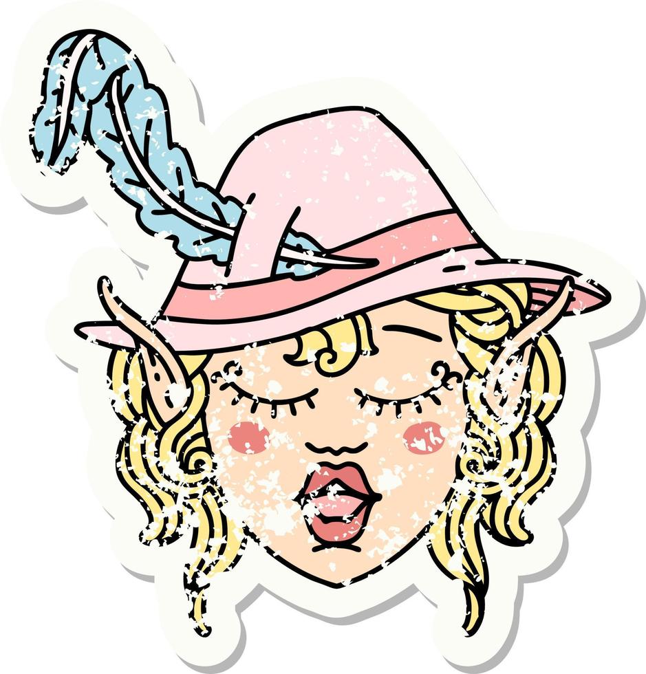 grunge sticker of a elf bard character face vector