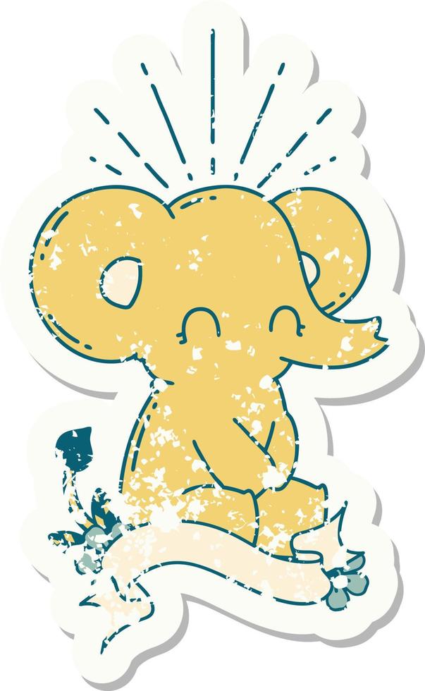 worn old sticker of a tattoo style cute elephant vector