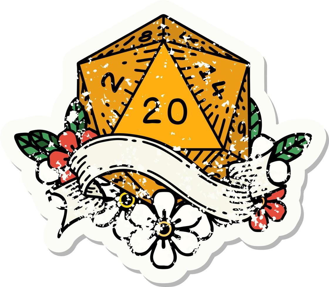 grunge sticker of a natural twenty D20 dice roll vector