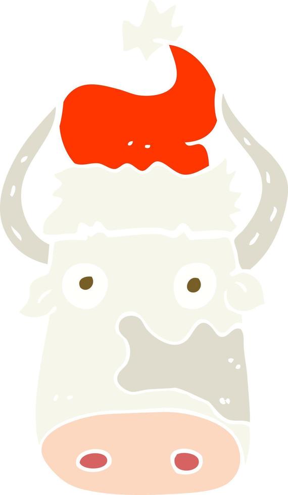 flat color illustration of cow wearing christmas hat vector
