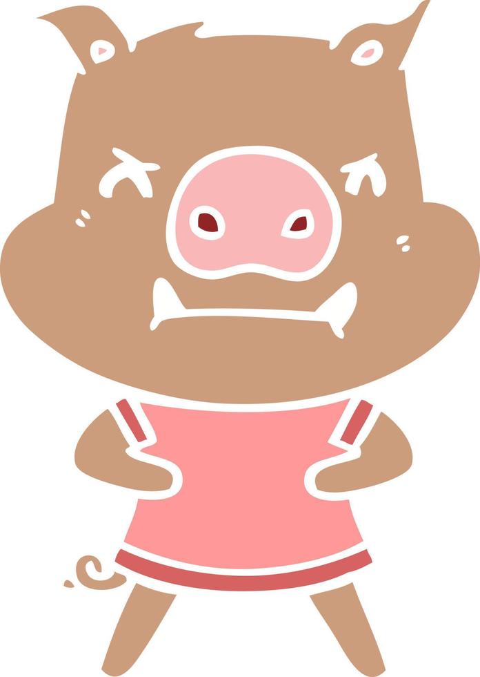 angry flat color style cartoon pig vector