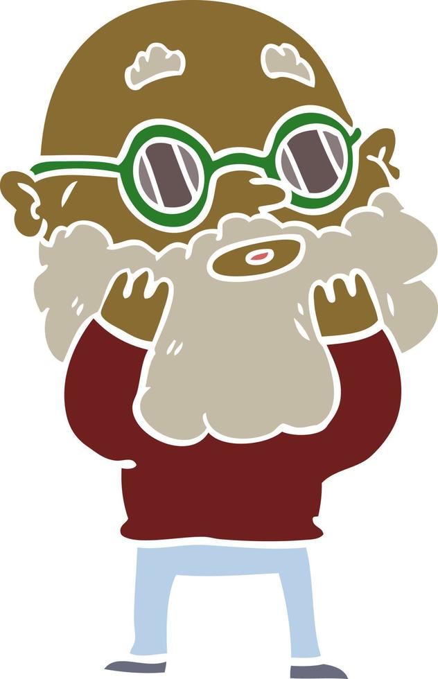 flat color style cartoon curious man with beard and sunglasses vector