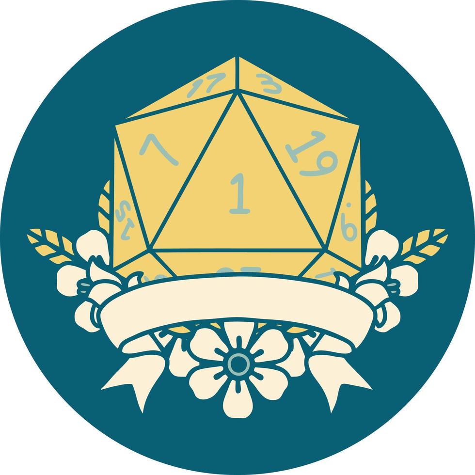 natural one d20 dice roll illustration vector