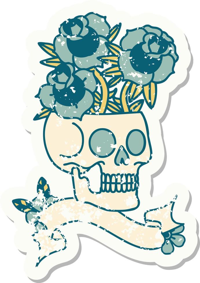 grunge sticker with banner of a skull and roses vector