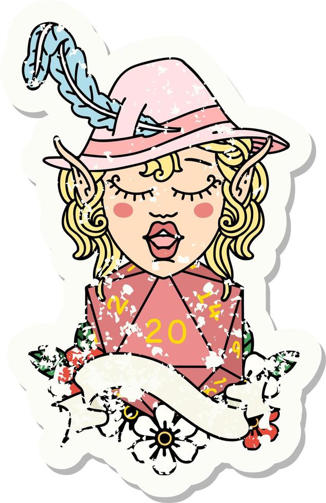 elf bard character with natural twenty grunge sticker vector