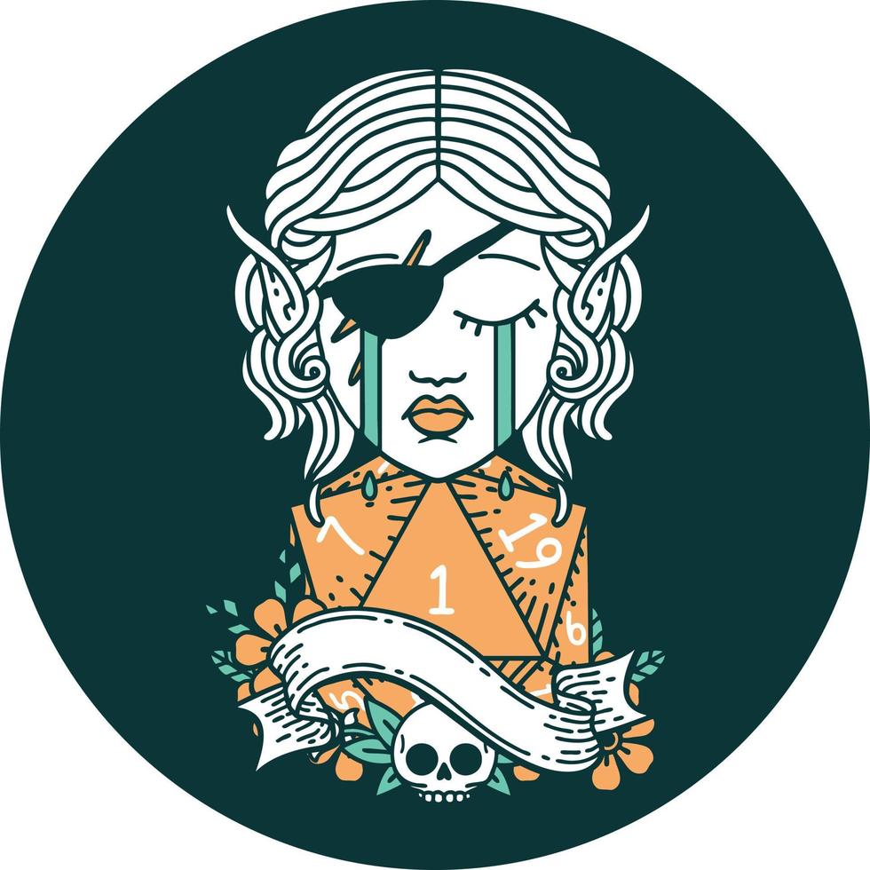 sad elf rogue character face with natural one d20 roll icon vector