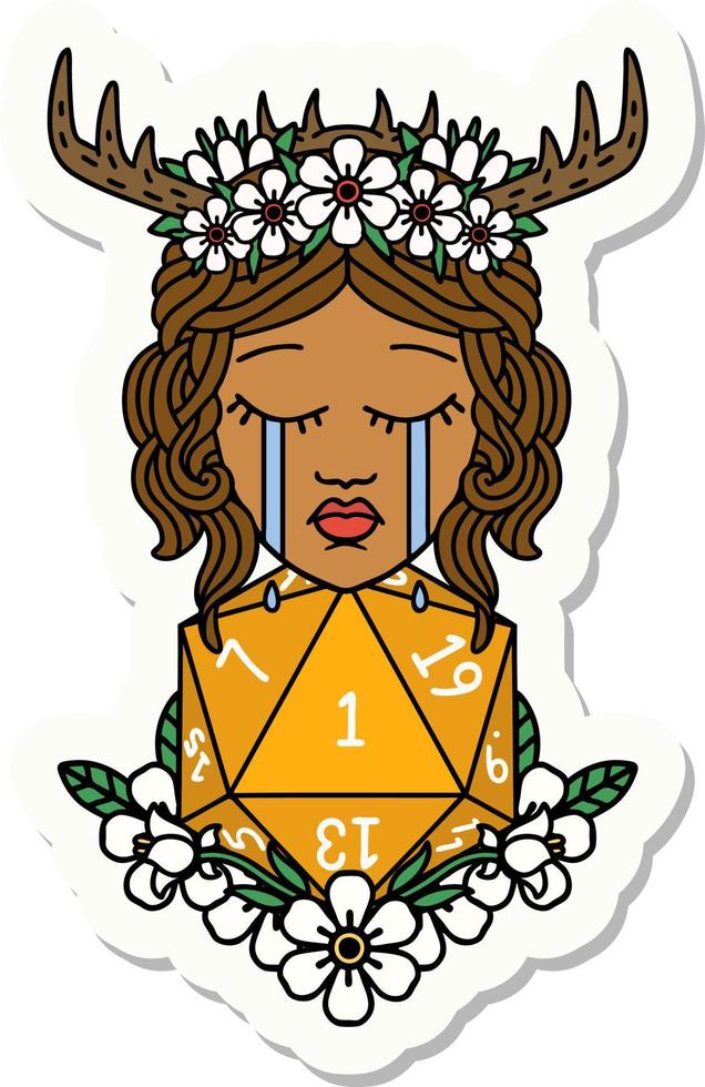 crying human druid with natural one D20 roll sticker vector