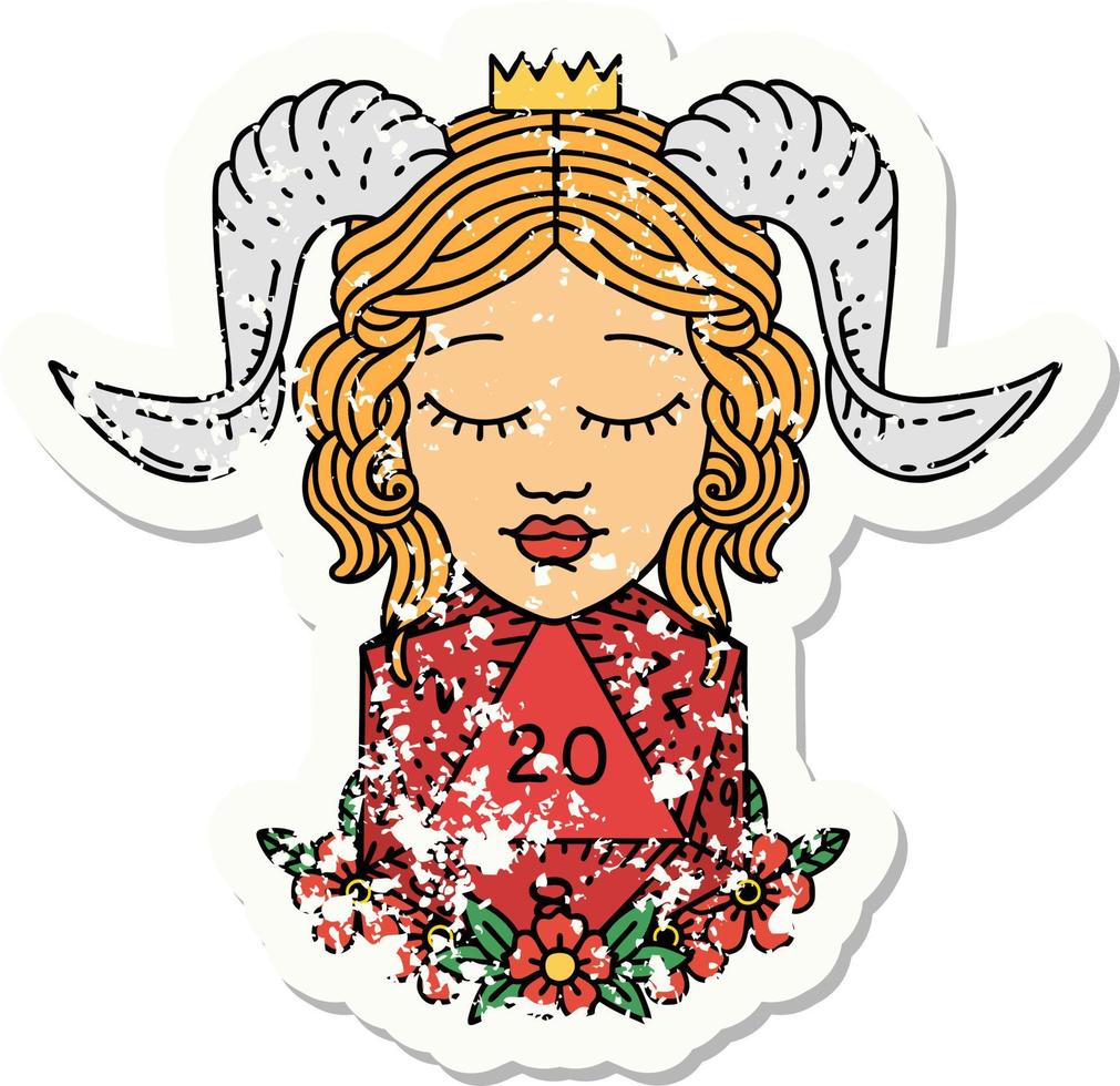 tiefling with natural twenty d20 dice roll grunge sticker vector