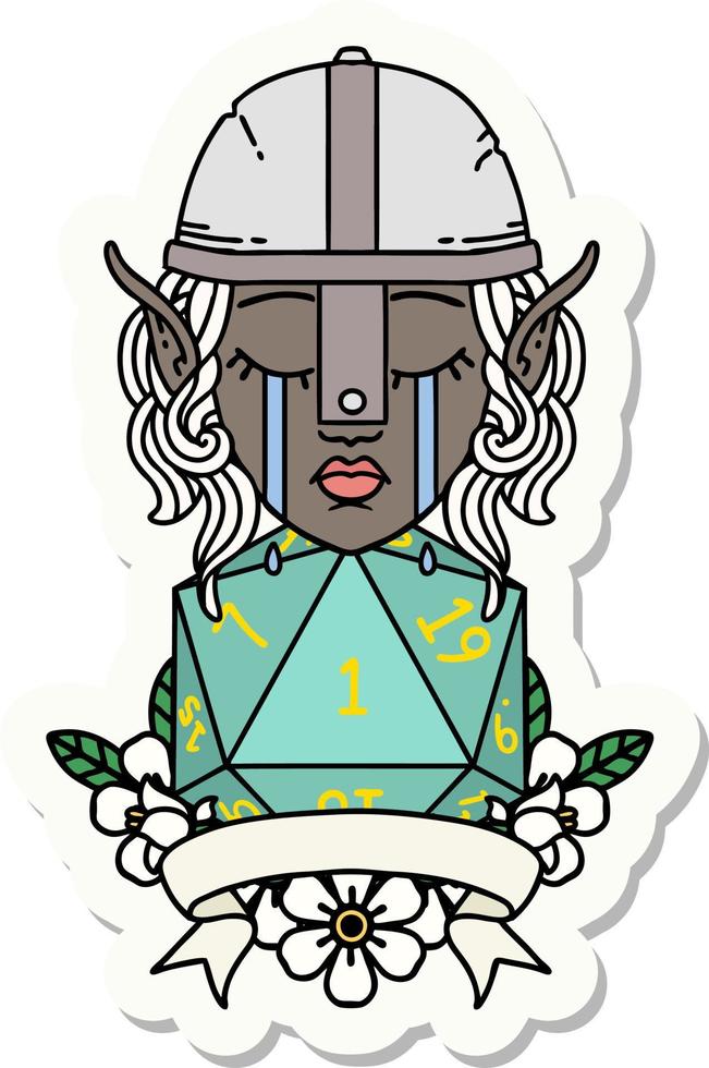 crying elf fighter character face with natural one D20 roll sticker vector