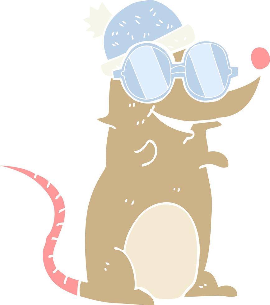 flat color illustration of mouse wearing glasses and hat vector