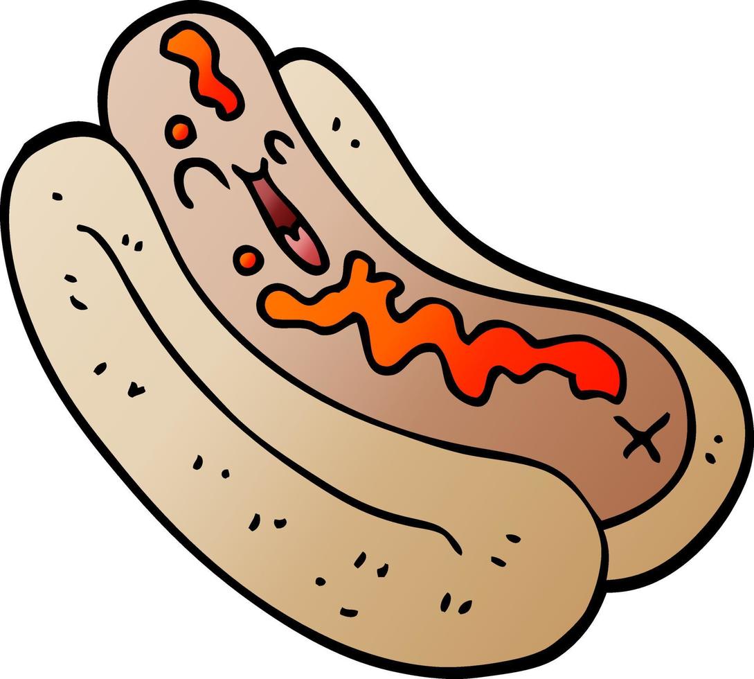 cartoon doodle hotdog in bun with ketchup vector