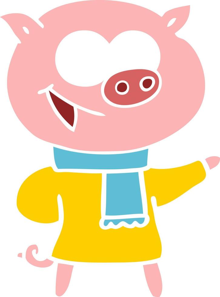 cheerful pig wearing winter clothes flat color style cartoon vector