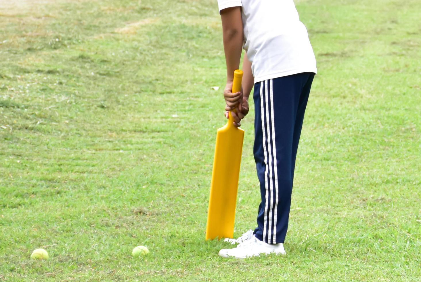 An asian cricket player is holding a bat in the green grass court. photo