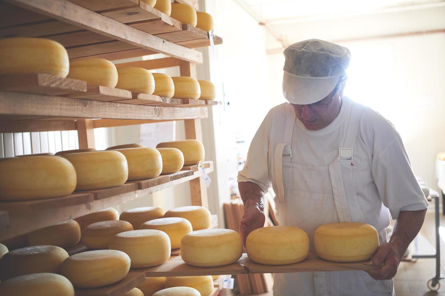 Cheese maker  at the storage with shelves full of cow and goat cheese photo