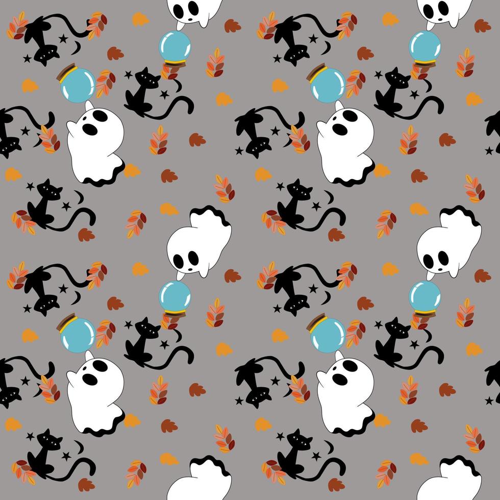 The Halloween seamless pattern, the ghost sheet who is looking at a blue crystal ball for fortune tellers, back cat and autumn color leaves. vector