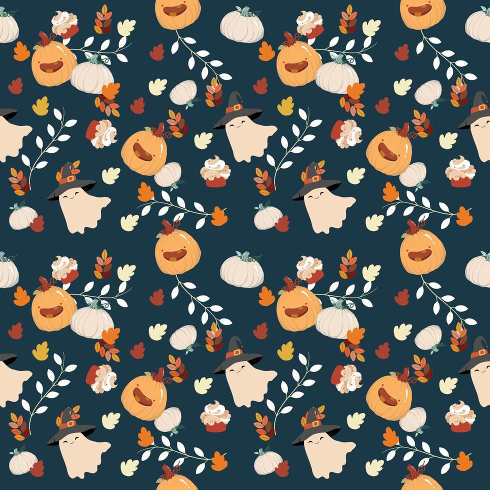 Halloween seamless pattern, the ghost sheet who wears a black witch hat, cute pumpkin, colorful leaves and cupcake with dark navy blue background. vector