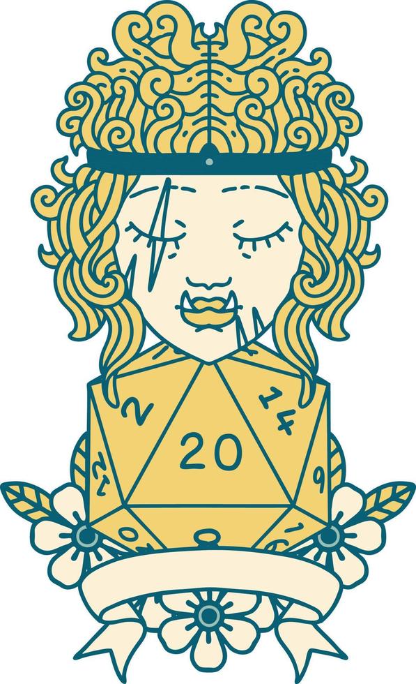 half orc barbarian character with natural 20 dice roll illustration vector