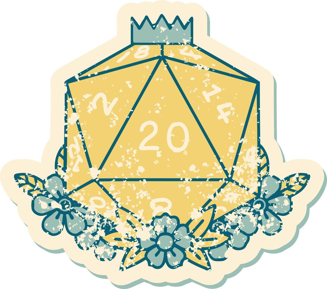 natural 20 D20 dice roll with floral elements illustration vector