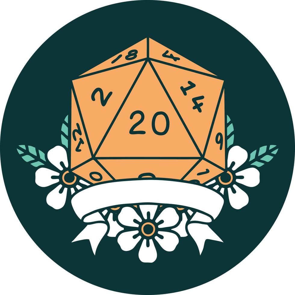 natural 20 critical hit D20 dice roll icon vector