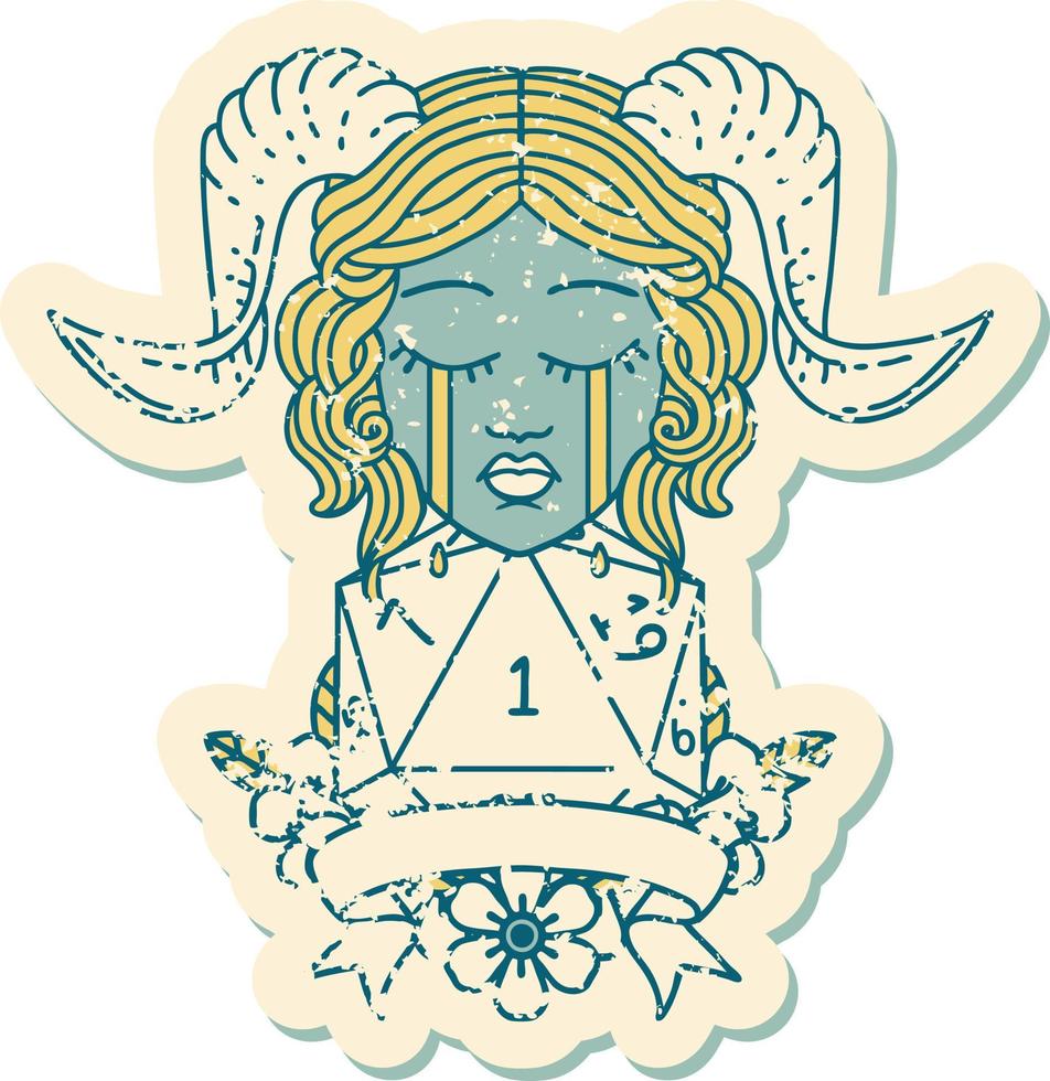 crying tiefling face with natural 1 D20 Dice illustration vector