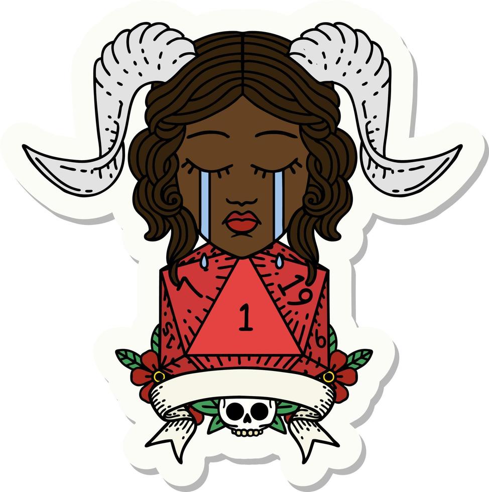 crying tiefling with natural one D20 dice roll sticker vector