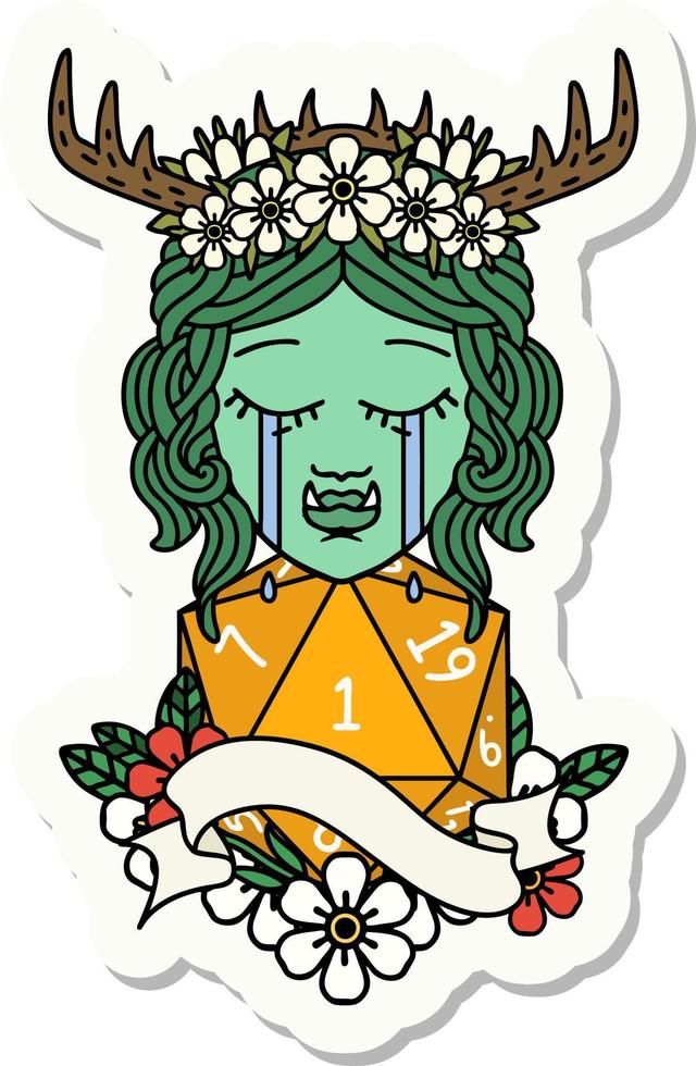 crying orc barbarian character face with natural one D20 roll sticker vector