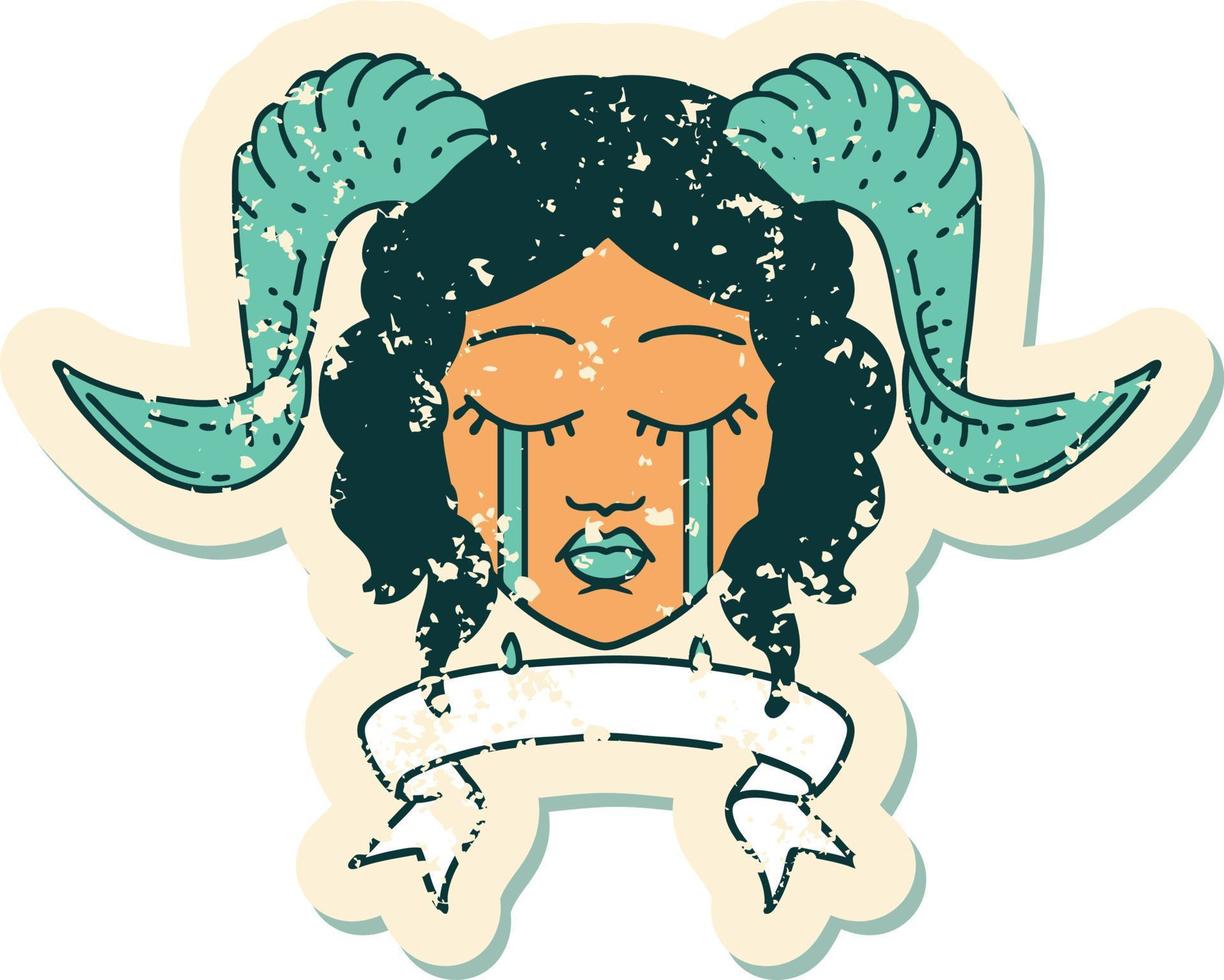 crying tiefling character face with scroll banner illustration vector