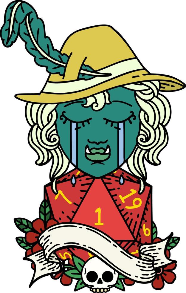 crying orc bard character with natural one D20 roll illustration vector