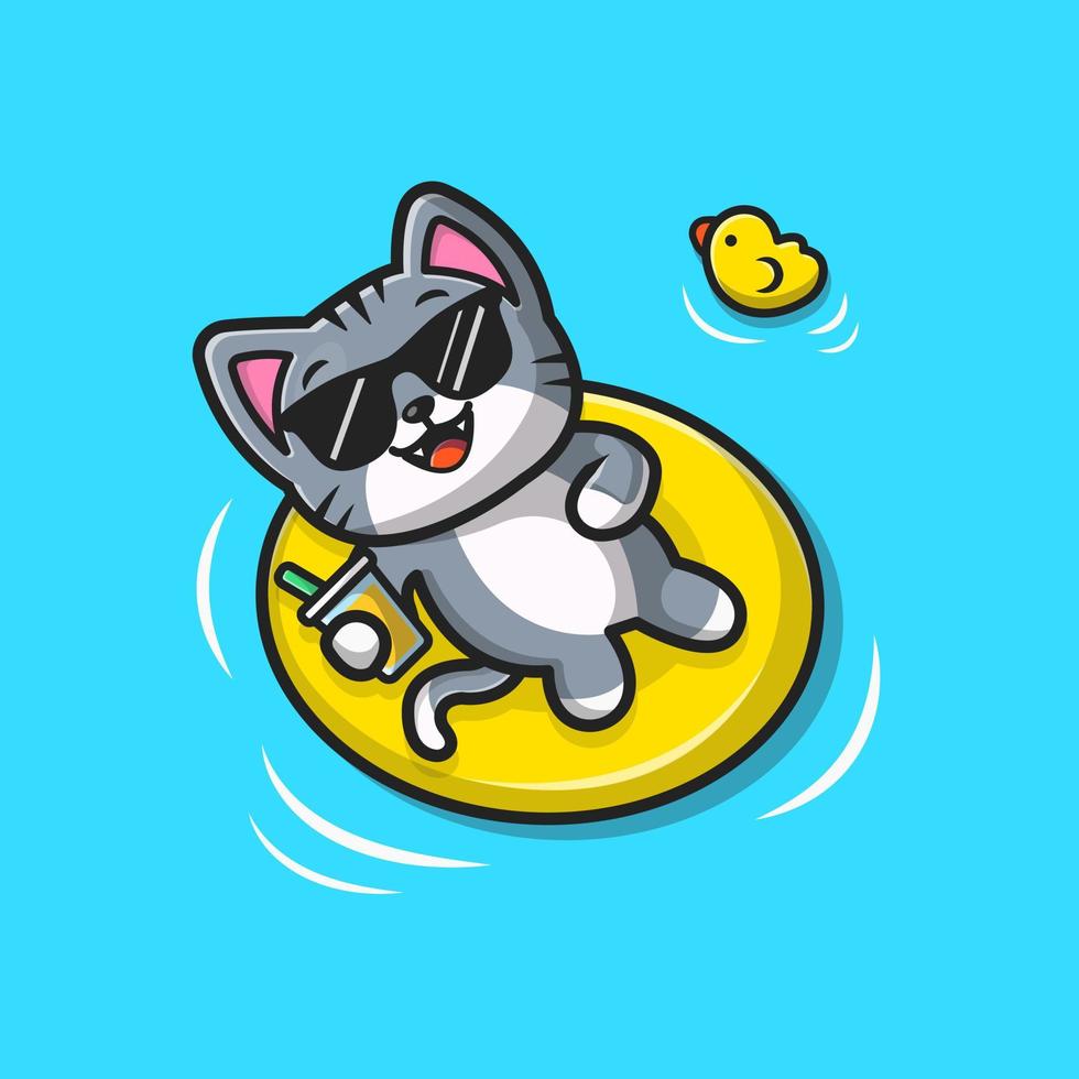 lindo gato flotando con neumáticos de natación ilustración de icono de vector de dibujos animados. concepto de icono de vacaciones de animales vector premium aislado. estilo de dibujos animados plana