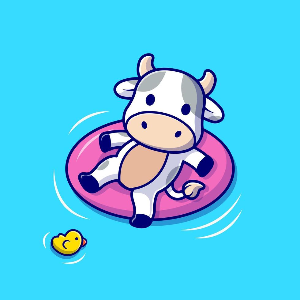 Cute Cow Floating With Swimming Tires Cartoon Vector Icon Illustration. Animal Holiday Icon Concept Isolated Premium Vector. Flat Cartoon Style
