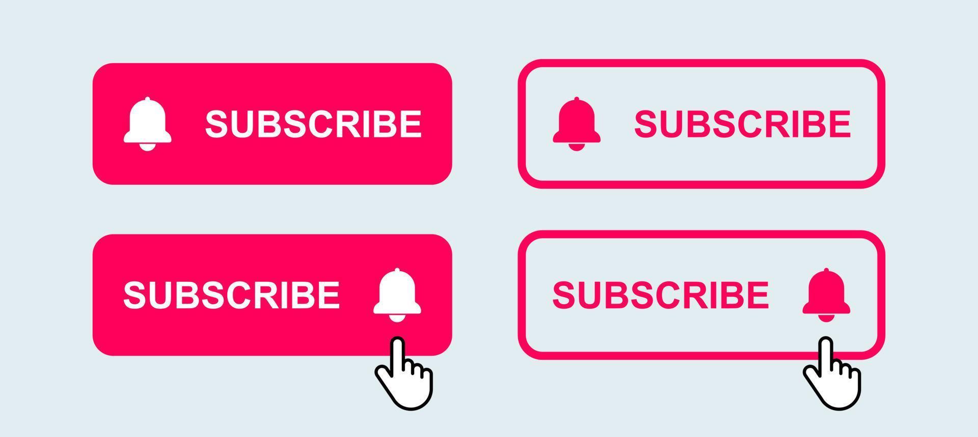 Subscribe button and bell notification icon in red colors. Click subscribe signs. vector