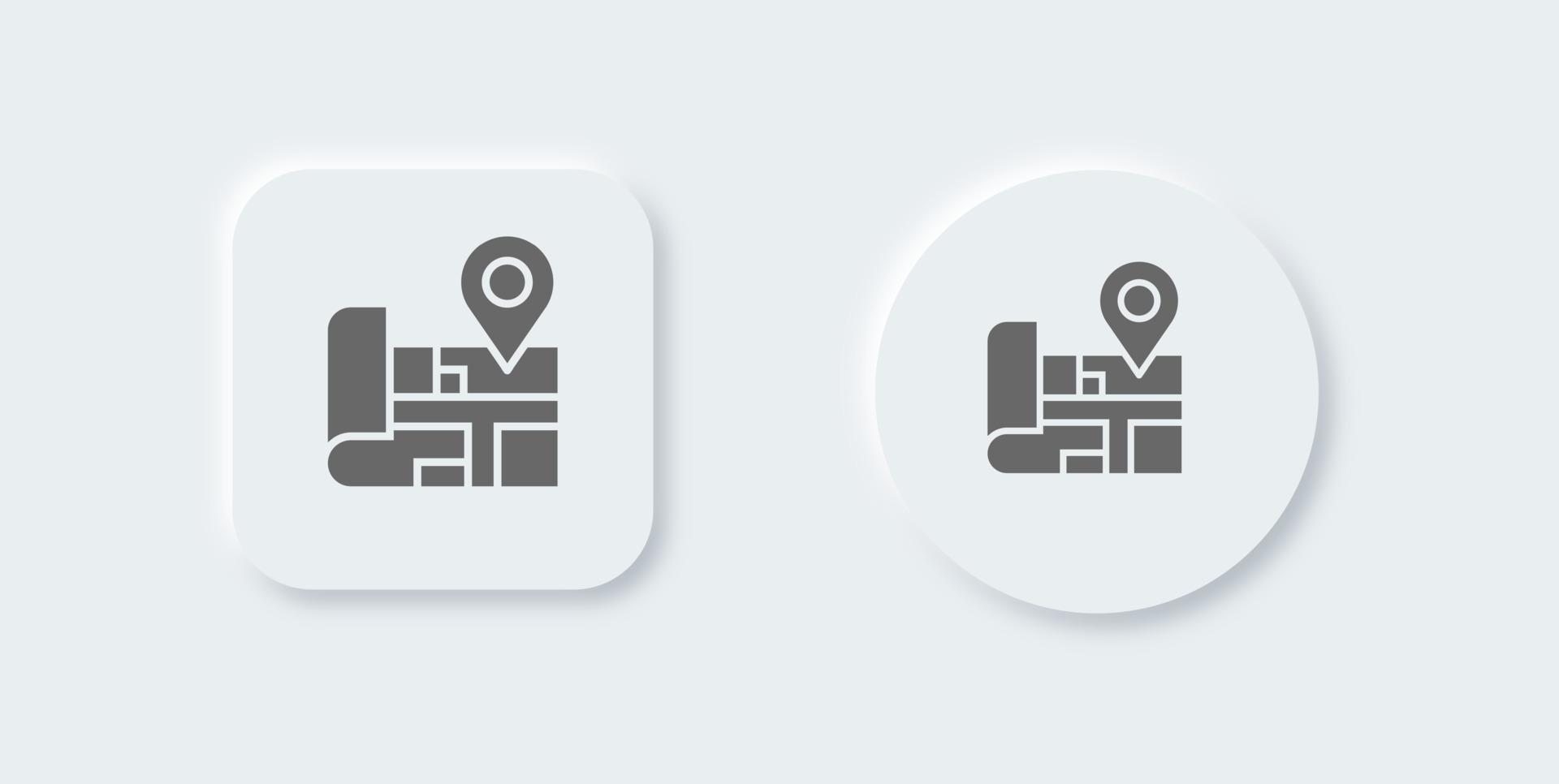 Maps solid icon in neomorphic design style. Location pin signs vector illustration.