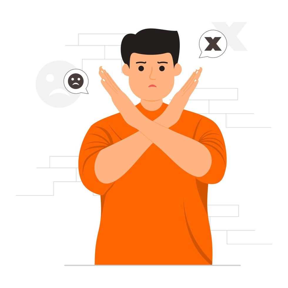 Displeased man, frowning, saying no, making cross sign tell illustration vector