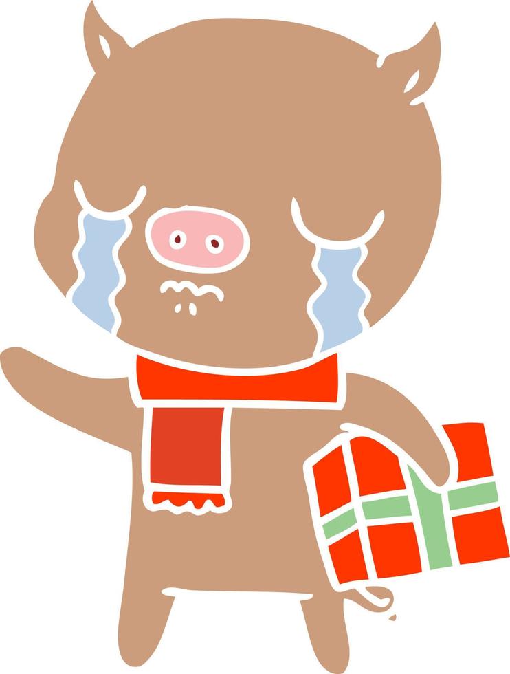 flat color style cartoon pig crying over christmas present vector