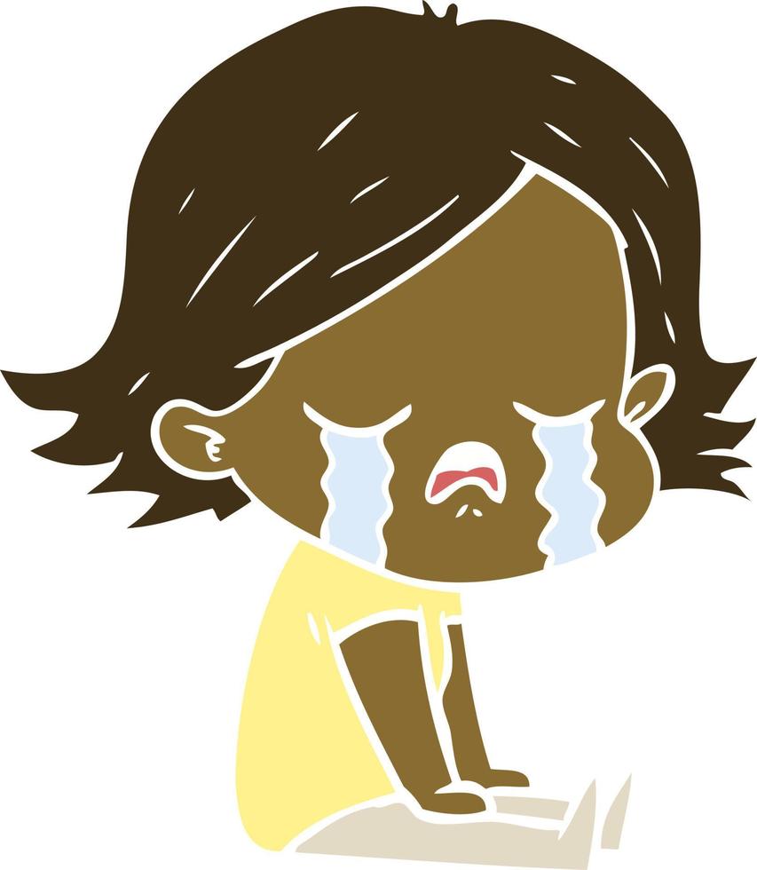 flat color style cartoon girl crying sat on floor vector