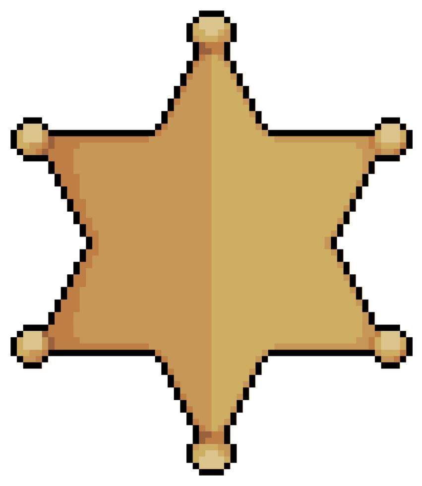 Pixel art golden star, six pointed star, badge vector icon for 8bit game on white background