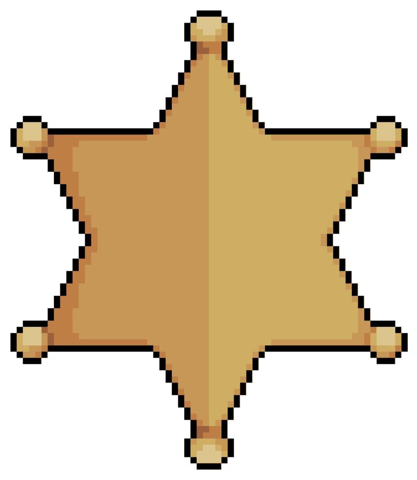 Pixel art golden star, six pointed star, badge vector icon for 8bit game on white background