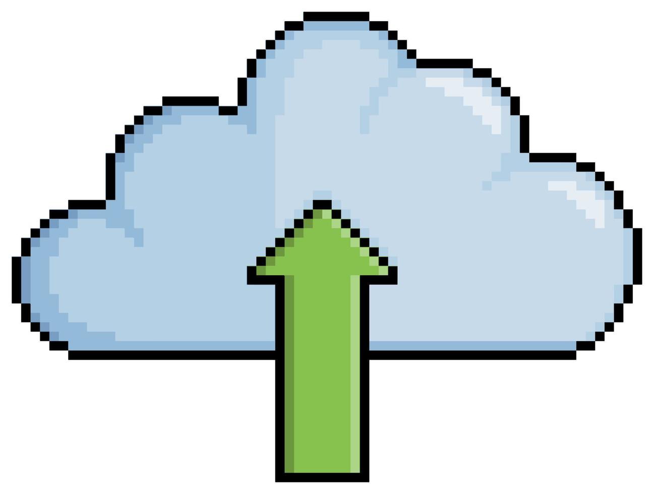 Pixel art upload to cloud, Cloud with up arrow vector icon for 8bit game on white background