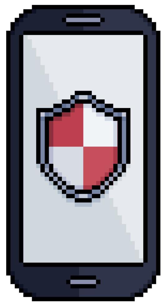 teléfono celular de pixel art con icono de escudo, icono de vector antivirus de teléfono celular para juego de 8 bits sobre fondo blanco