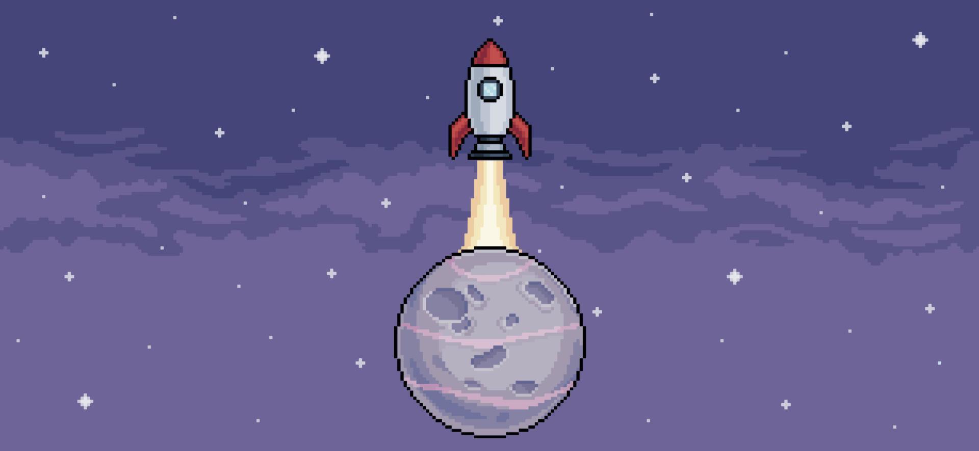 fondo de arte de píxeles con cohete despegando del planeta en el espacio. escena vectorial para juego de 8 bits vector