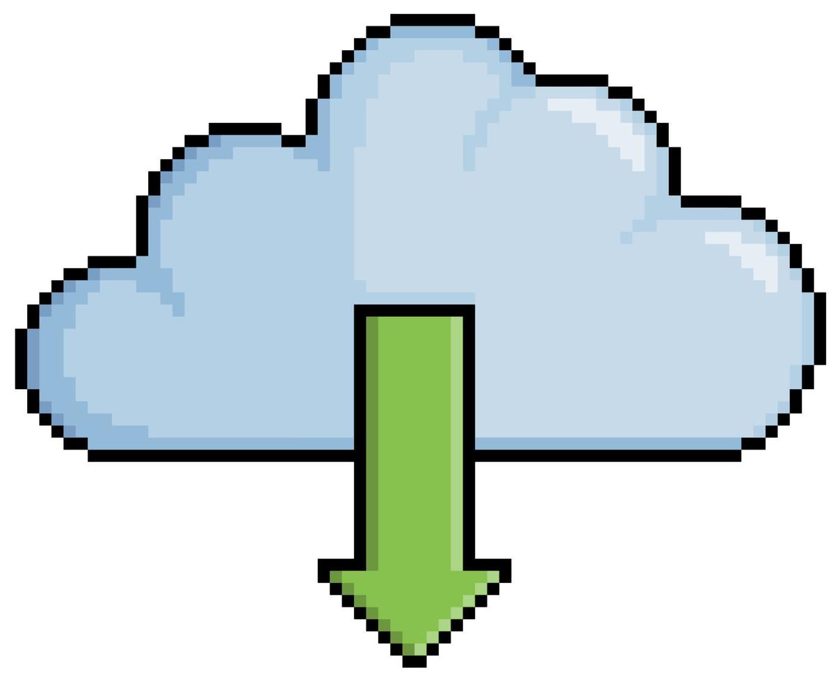 Pixel art cloud download, cloud with download arrow vector icon for 8bit game on white background